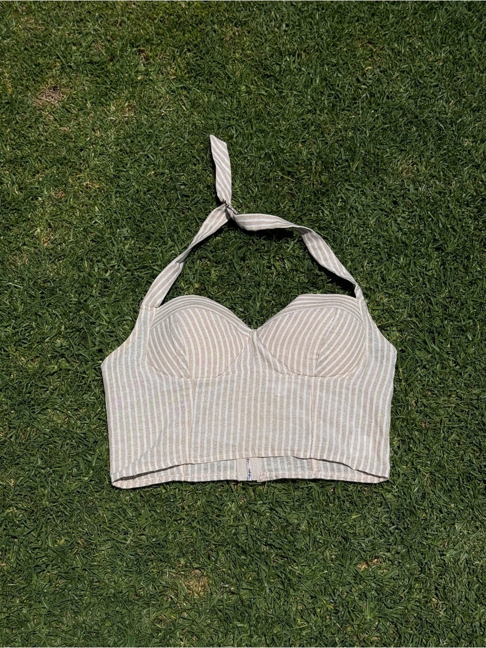 superdown Cream Striped Halter Bustier Crop Top